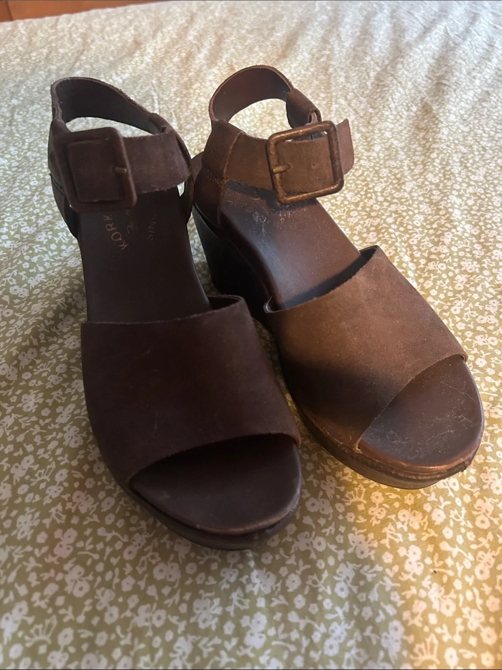 Kork-Ease Brown Suede Platform Wedge Sandals with Buckle